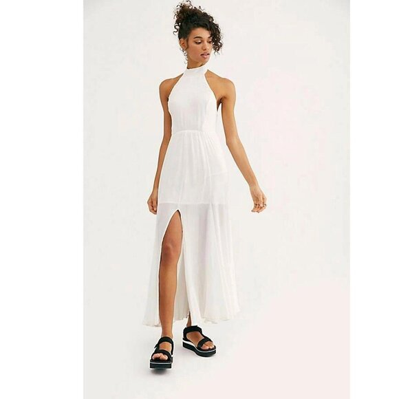 269454 Free People Zane Maxi Dress Long Solid White Sleeveless Halter Resort S - Picture 1 of 7